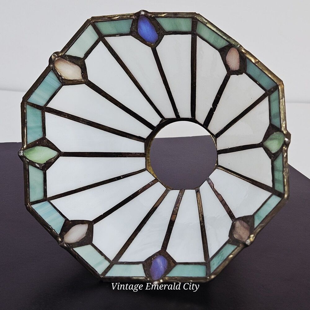Vtg Antique Tiffany-style Stained Glass Lamp Shade Brass-White Teal Pink Mexico - Picture 2 of 12